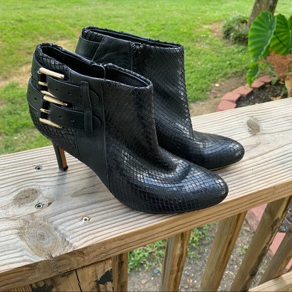 Ann Taylor Black Leather Stiletto Booties Faux Snakeskin - Picture 1 of 8